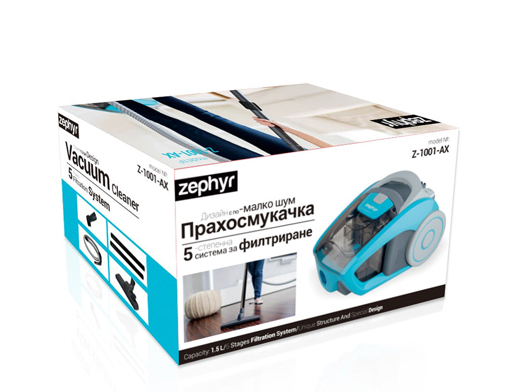 Прахосмукачка ZEPHYR ZP 1001 AX, 700W, Циклон, 5-степенна филитрираща система, Контейнер, Син/сив