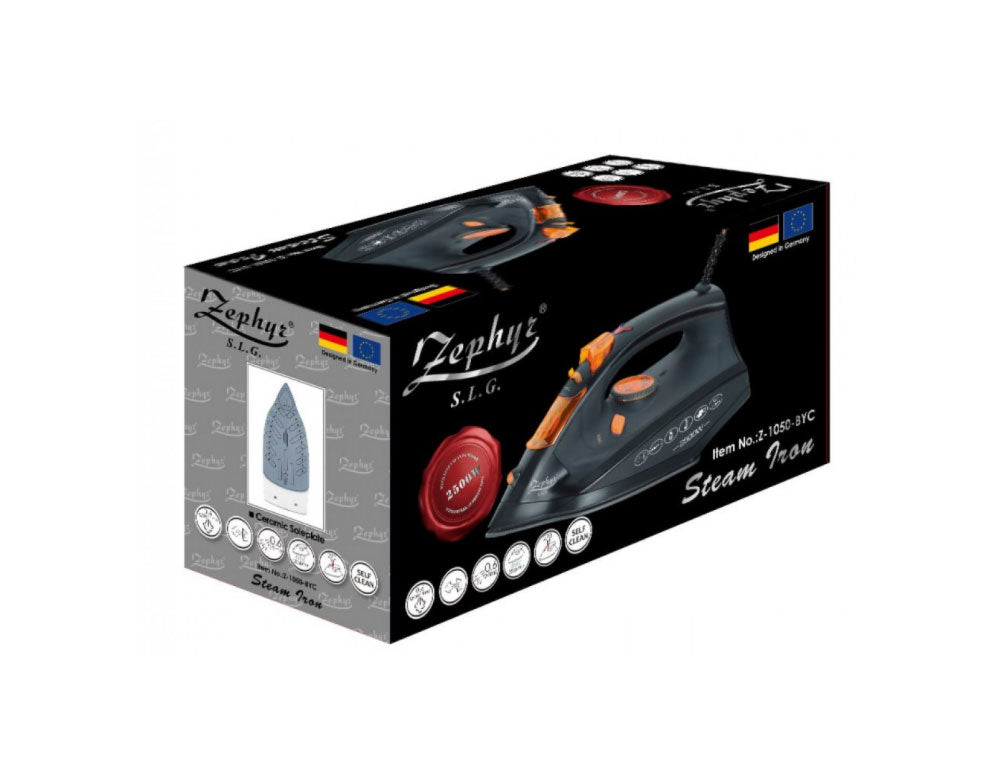 Парна ютия ZEPHYR ZP 1050 BYC, 2500W, 260 мл, Керамична плоча, Самопочистване, Вертикално гладене, Черен