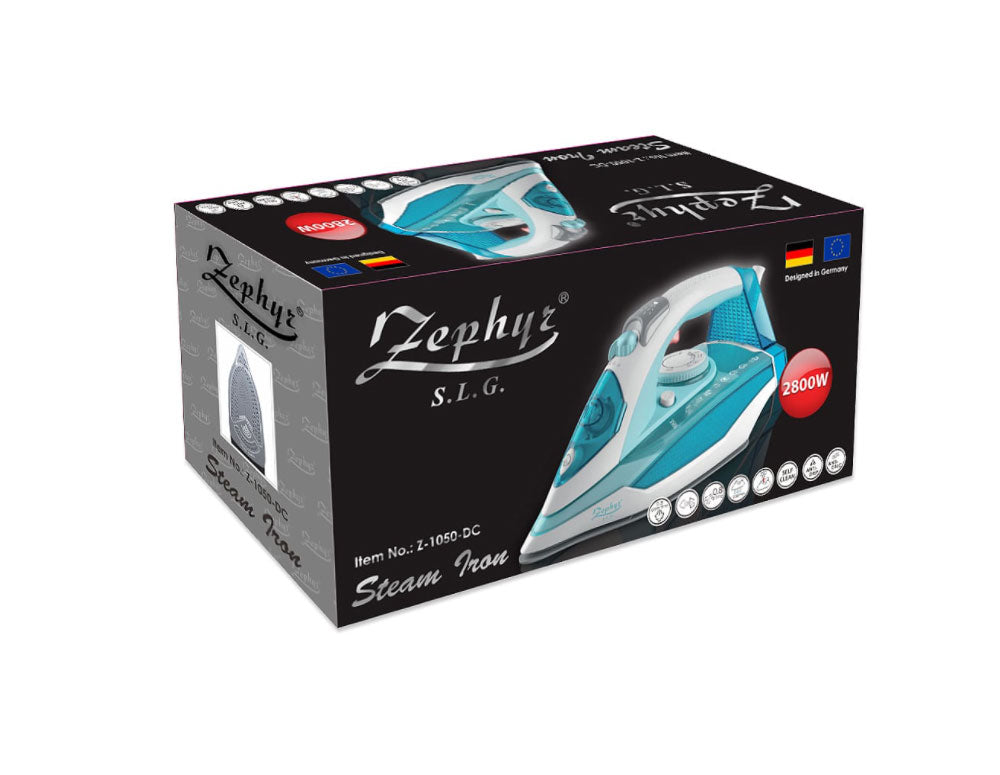 Парна ютия ZEPHYR ZP 1050 DC, 2800W, 300 мл, 40 гр/мин, Керамична плоча, Самопочистване, Вертикално гладене, Тюркоазен/бял