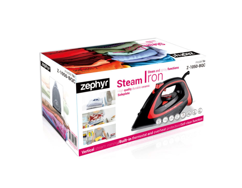 Żelazko parowe ZEPHYR ZP 1050 BQC, 3000W, Płyta ceramiczna, Samoczyszczące, Prasowanie w pionie, Czarny/czerwony