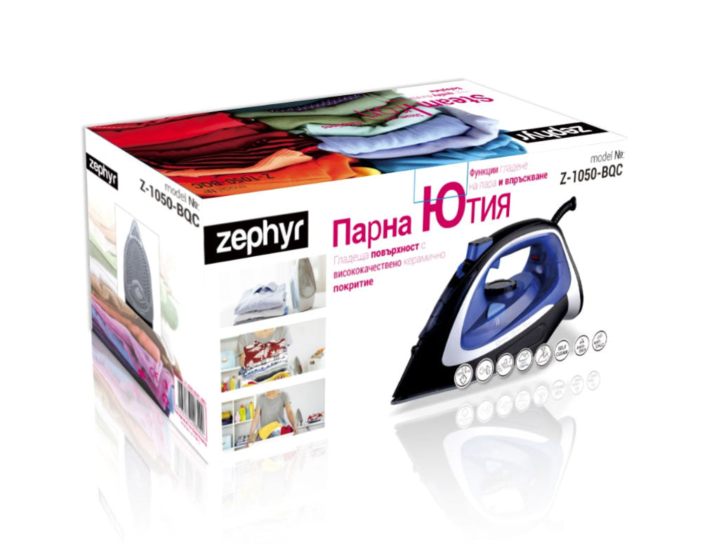 Парна ютия ZEPHYR ZP 1050 BQC, 3000W, Керамична плоча, Самопочистване, Вертикално гладене, Черен/син