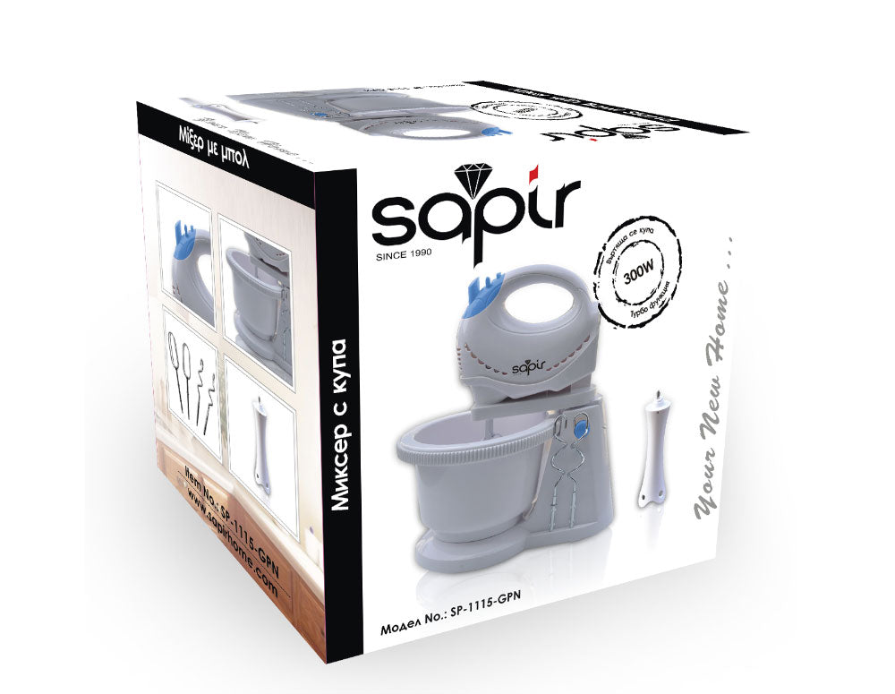 Миксер с купа и пасатор SAPIR SP 1115 GPN, 300W, 2 литра, 5 степени + Турбо, Въртяща се стойка, Бял/син