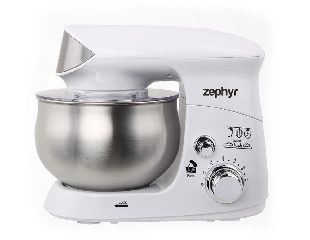 Планетарен миксер с иноксова купа ZEPHYR ZP 1115 R, 700W, 3.5 литра, 6 степени, Приставки, Бял