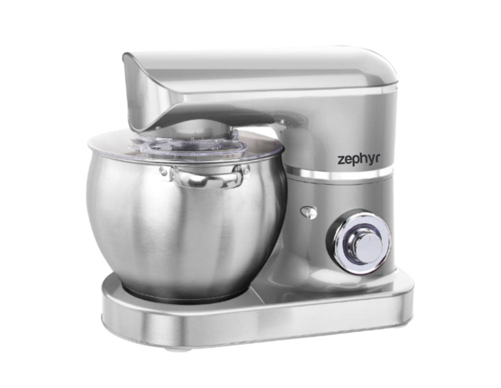 Mikser planetarny z dzieżą ze stali nierdzewnej ZEPHYR ZP 1115 T, 1500W, 8,5 litra, 6 stopni, przystawki, srebrny
