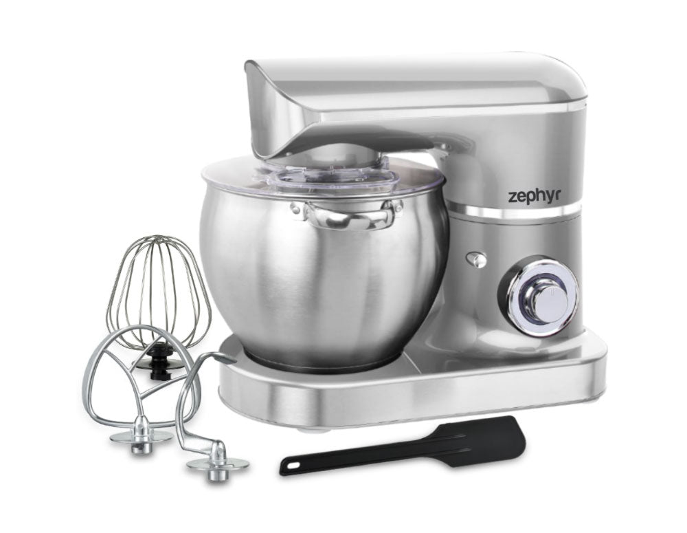Mikser planetarny z dzieżą ze stali nierdzewnej ZEPHYR ZP 1115 T, 1500W, 8,5 litra, 6 stopni, przystawki, srebrny