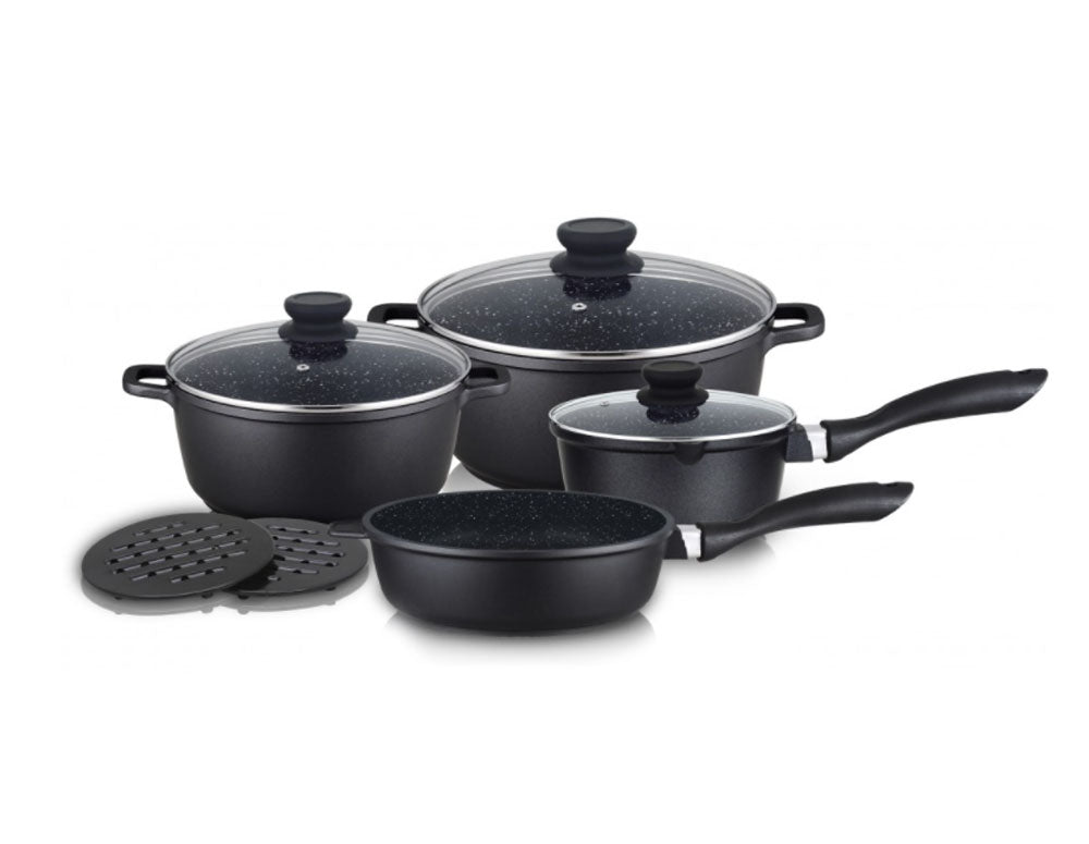 Комплект тенджери, тиган и подложки ZEPHYR ZP 4318 M9, 9 части, Мраморно покритие, Индукция, Черен