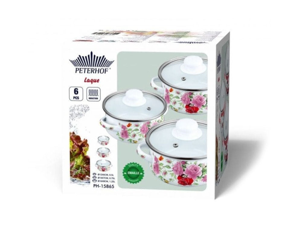 Комплект мини тенджерки PETERHOF PH 15865, 6 части, 0.5/0.75/1.25 литра, Индукция, Емайл, Бял с рози