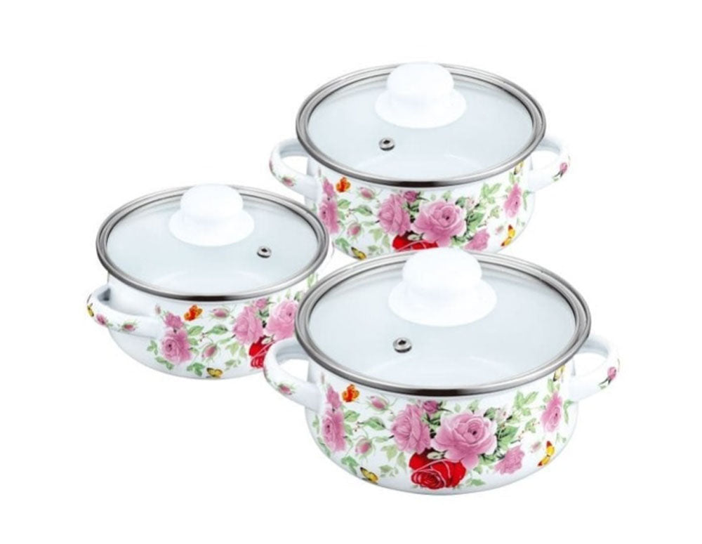 Комплект мини тенджерки PETERHOF PH 15865, 6 части, 0.5/0.75/1.25 литра, Индукция, Емайл, Бял с рози