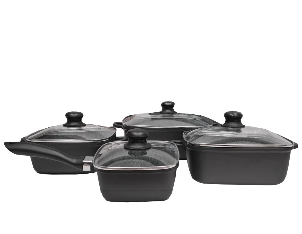 Комплект тенджери и касерола COOKSUN CS 4323-8, 8 части, Квадратни, Мраморно покритие, Черен