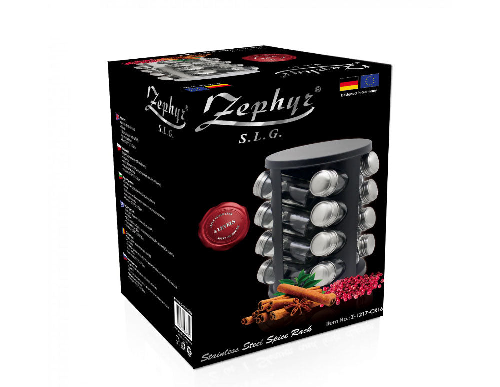 Słoiczki na przyprawy na stojaku ZEPHYR ZP 1217 CR16, 16 szt. słoiki, 4 poziomy, podstawa obrotowa, kolor czarny