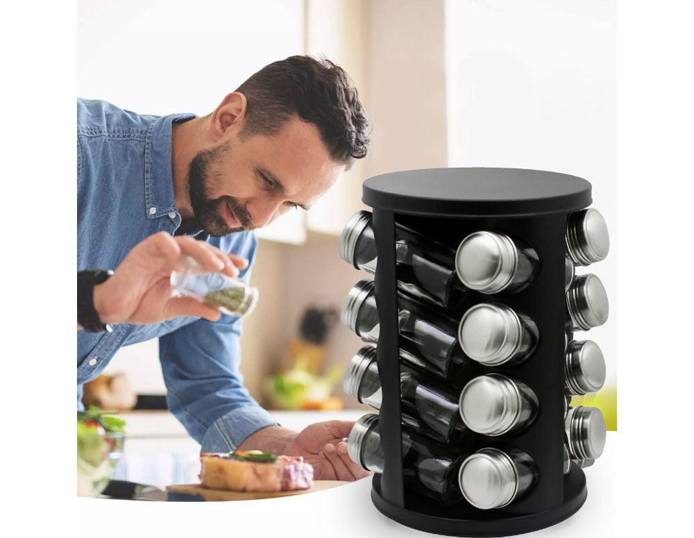 Słoiczki na przyprawy na stojaku ZEPHYR ZP 1217 CR16, 16 szt. słoiki, 4 poziomy, podstawa obrotowa, kolor czarny