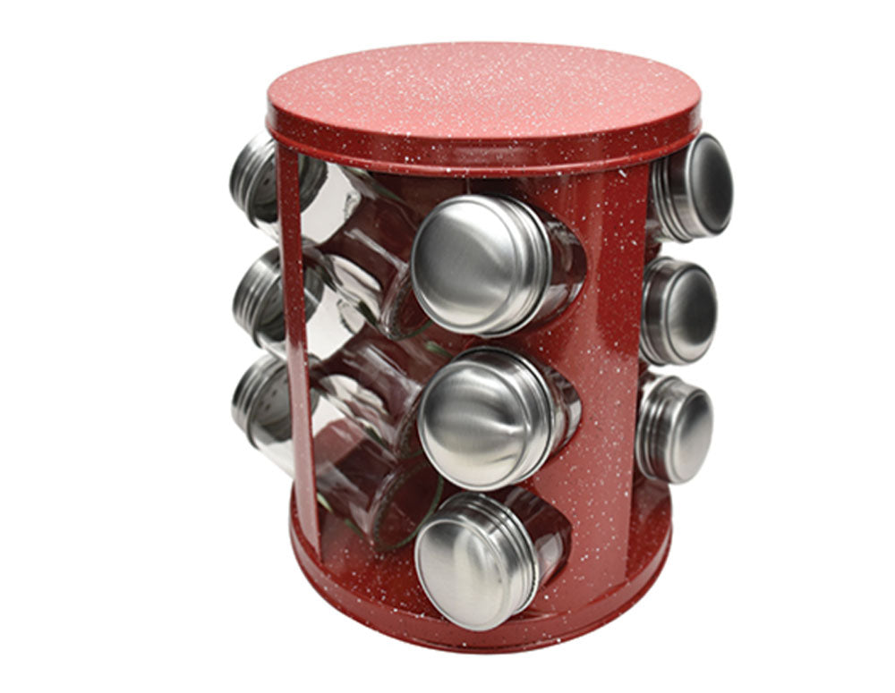 Słoiczki na przyprawy na stojaku ZEPHYR ZP 1217 CR12, 12 szt. słoiki, 3 poziomy, obrotowa podstawa, czerwony marmur