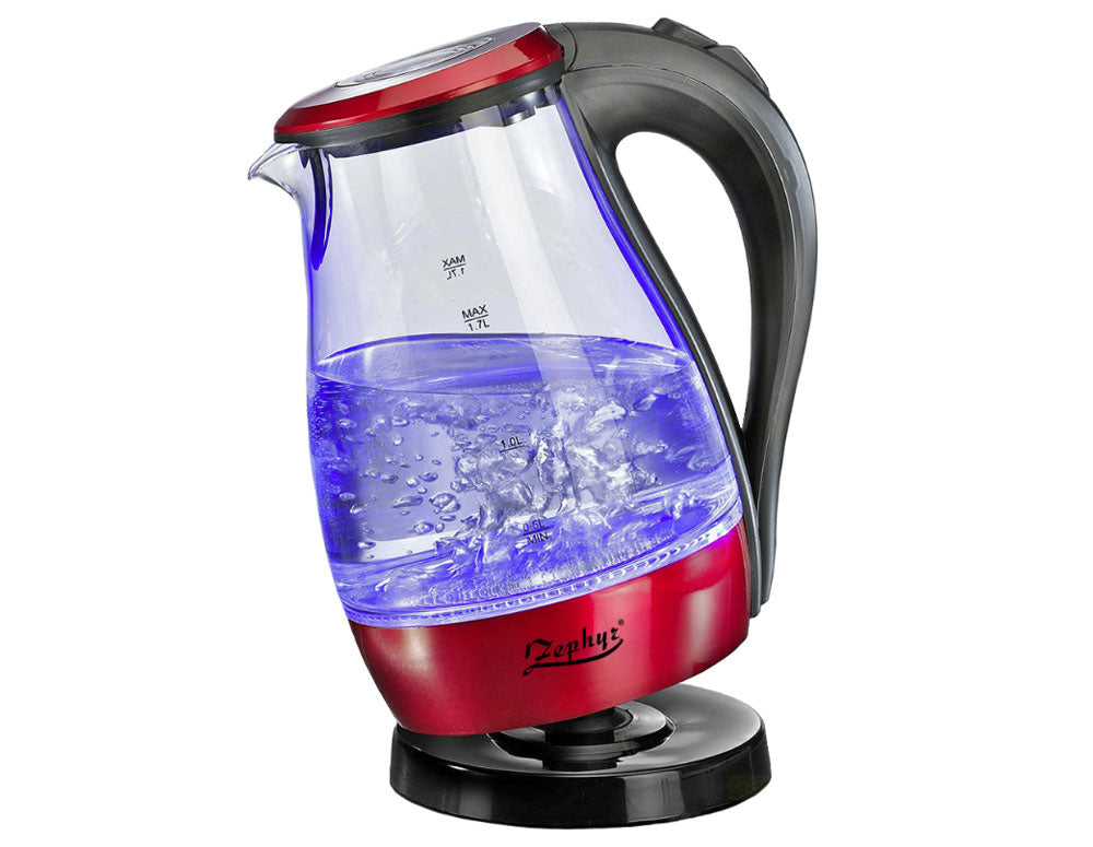 Ел. кана ZEPHYR ZP 1230 DI, 2200W, 1.7 литра, Светеща, Стъклен корпус, Червена