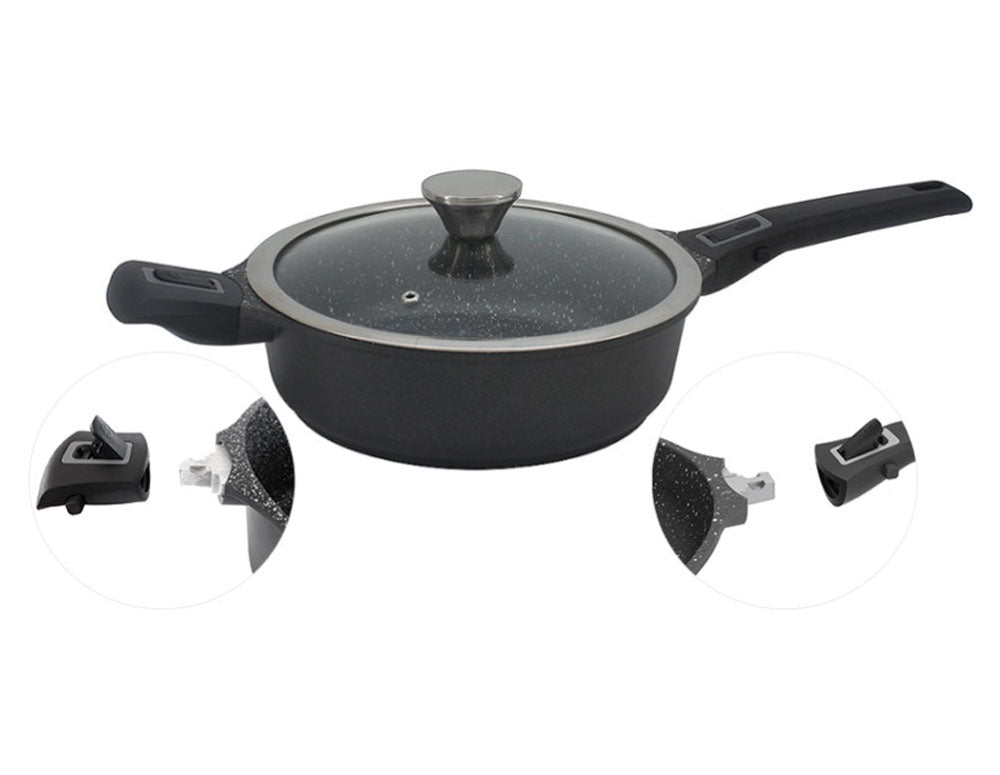 Дълбок тиган с капак и махащи се дръжки ZP 4317 28NC, 4.1 литра, 28х8 см, Мраморно покритие, Индукция, Черен