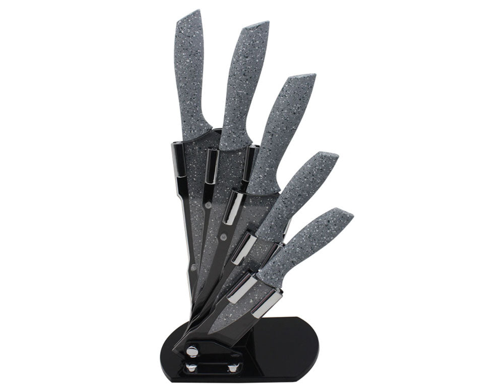 Комплект ножове с поставка ZEPHYR ZP 1633 CS5AS, 6 части, Неръждаема стомана, Мраморно покритие, Сив