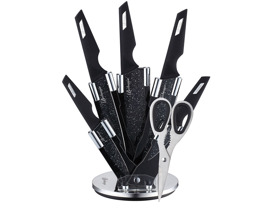 Комплект ножове с поставка BACHMAYER BM 313, 7 части, Ножици, Неръждаема стомана, Черен