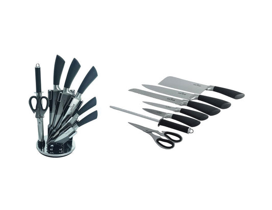 Комплект ножове с поставка ZILNER ZL 5127, 8 части, Точило, Ножици, Неръждаема стомана, Черен