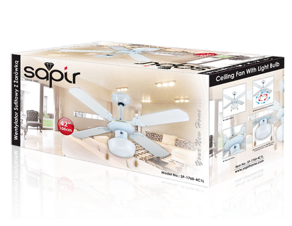 Вентилатор за таван с 1 лампа SAPIR SP 1760 4C1L, 50W, 106 см, 3 степени, Въртене в две посоки, Бял