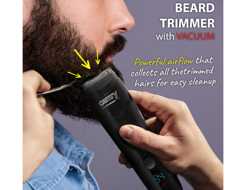 Вакумен тример за брада Camry CR 2833, Безжичен, LCD дисплей, USB зареждане, 2 приставки, Черен