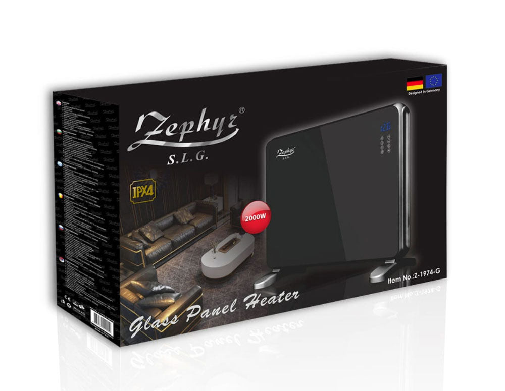 Конвектор със стъклен панел ZEPHYR ZP 1974 G, 2000W, За стена или под, 2 степени, Дистанционно, 5 до 35°C, LCD, Черен