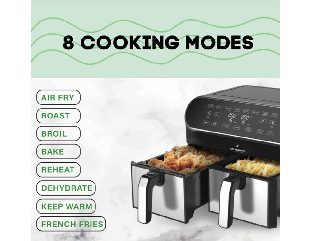 Фритюрник с горещ въздух JUST PERFECTO JP 1980 JL10 , 1700W, 8 литра, 8 програми, Две кошници, Черен/инокс