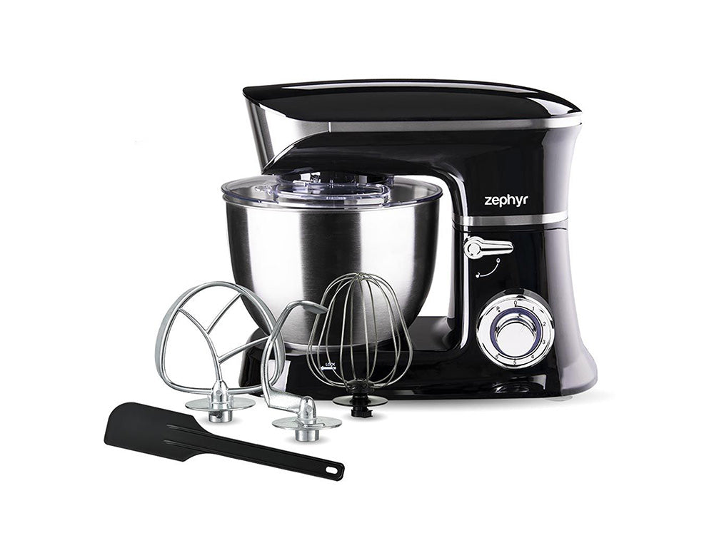 Mikser planetarny z dzieżą ze stali nierdzewnej ZEPHYR ZP 1115 Q, 1900 W, 6,5 litra, 6 stopni, przystawki, czarny
