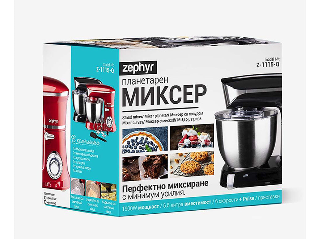 Mikser planetarny z dzieżą ze stali nierdzewnej ZEPHYR ZP 1115 Q, 1900 W, 6,5 litra, 6 stopni, przystawki, czarny