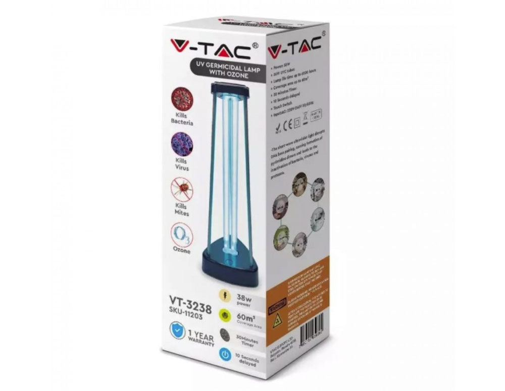 Бактерицидна антивирусна лампа V-TAC 11203 , UV + Озон, 38W, 60 кв.м, Таймер, Черен