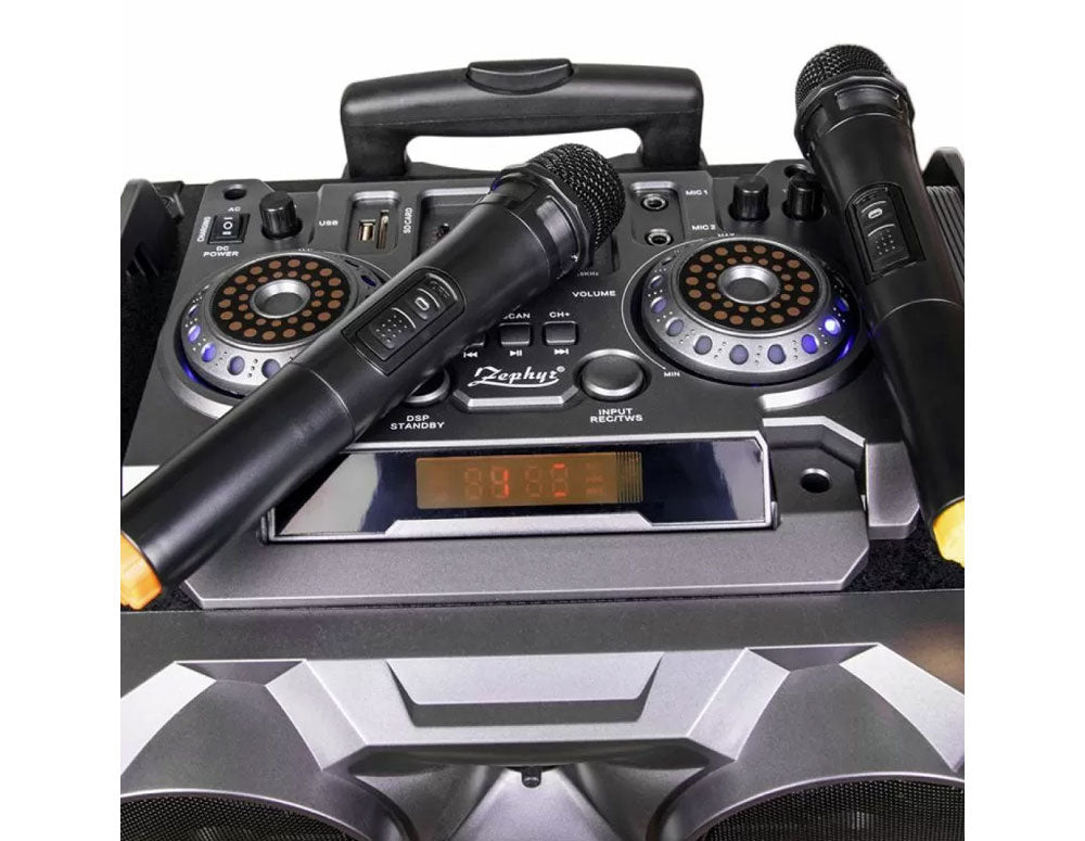 Przenośny system karaoke ZEPHYR ZP 9999 2G12, 2x12 cali, Bluetooth, USB, gniazdo gitarowe, AUX, 2 mikrofony, pilot