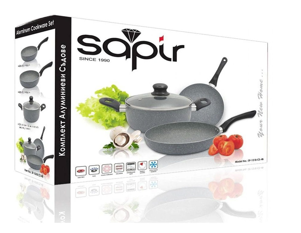 Комплект тигани и тенджера SAPIR Marble Cook SP 1318 CS4B, 4 части, Мраморно покритие, Сив