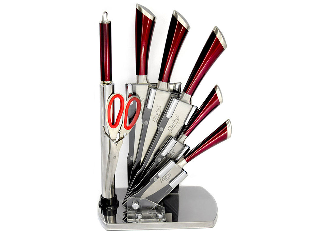 Комплект ножове с поставка ZEPHYR ZP 1633 P7AS, 8 части, Точило, Ножици, Неръждаема стомана, Червен