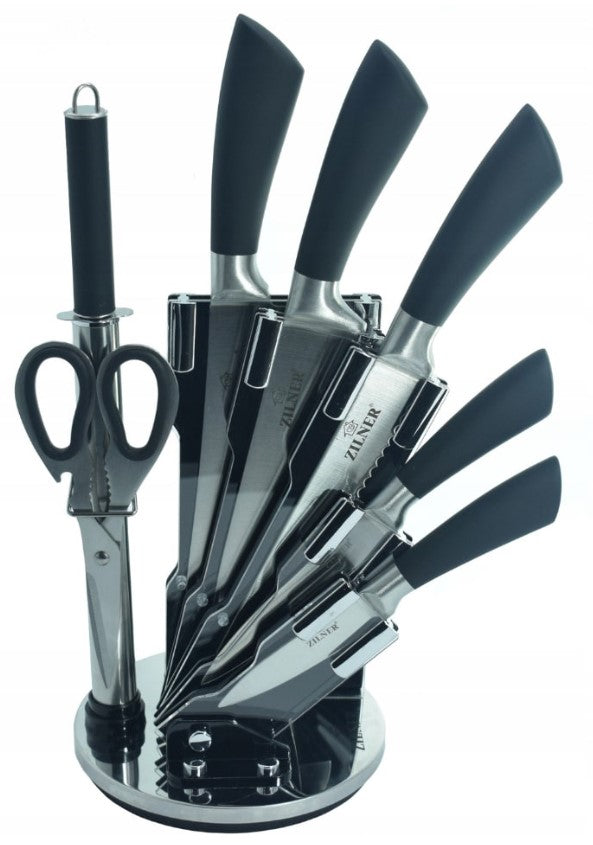 Комплект ножове с поставка ZILNER ZL 5127, 8 части, Точило, Ножици, Неръждаема стомана, Черен