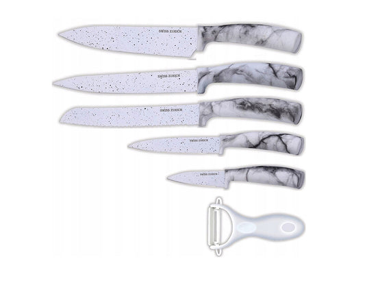 Комплект ножове и белачка SWISS ZURICH SZ 7348, 6 части, Стомана, Бял мрамор