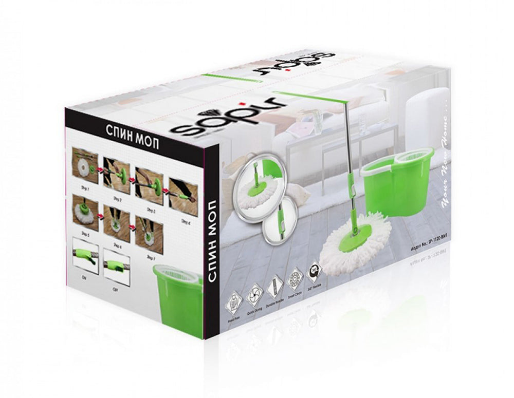 Въртящ се моп SAPIR SP 1120 BM1, 2 микрофибърни глави, Центрофуга, Стоманена дръжка, Зелен