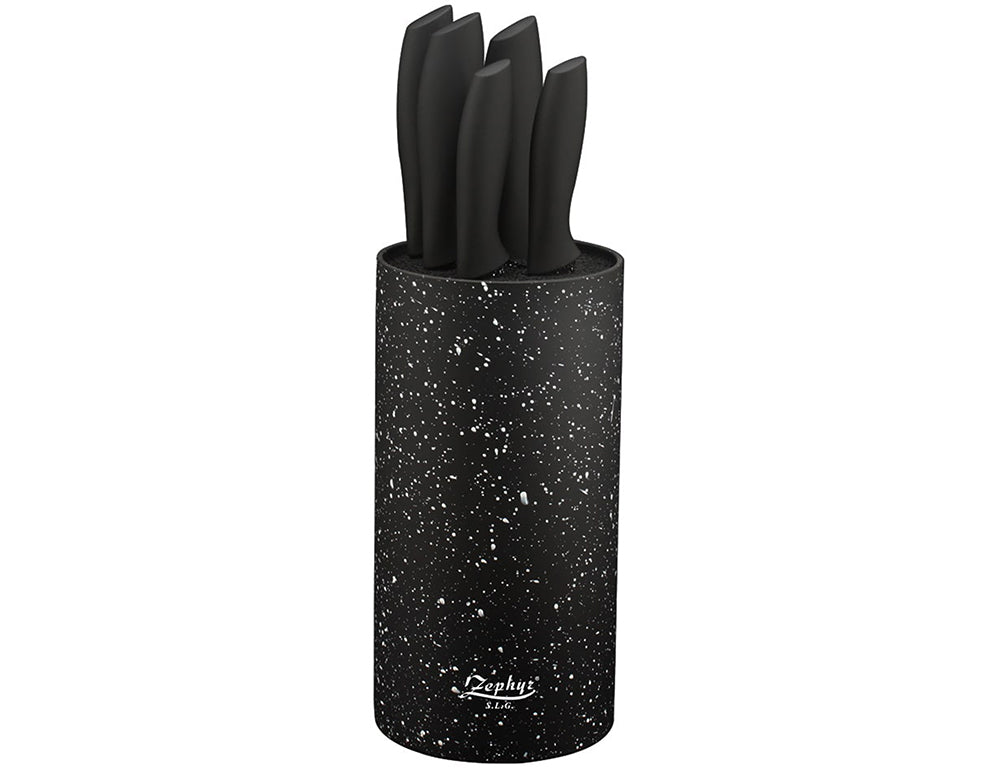 Комплект ножове с поставка ZEPHYR ZP 1633 VM6, 6 части, Мраморно покритие, Черен