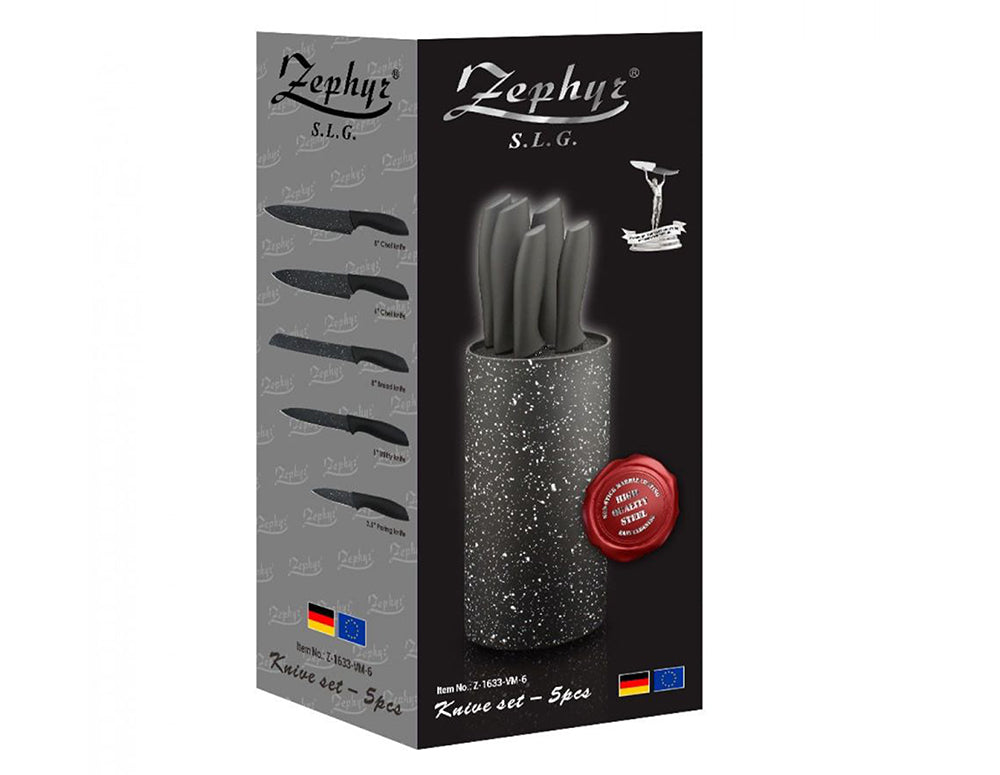 Комплект ножове с поставка ZEPHYR ZP 1633 VM6, 6 части, Мраморно покритие, Черен
