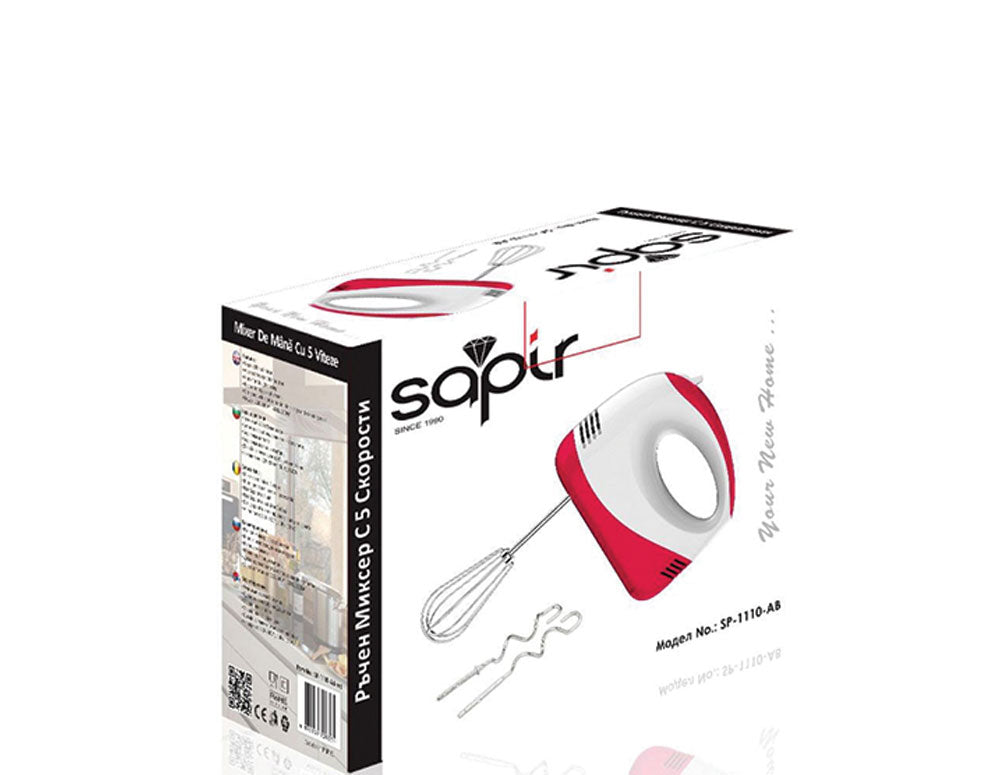 Ръчен миксер SAPIR SP 1110 AB, 150W, 5 скорости, 4 бъркалки, Бял/червен
