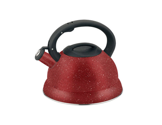 Свирещ чайник HAUS ROLAND HR-724C, 3 литра, стомана, пластмасов капак, хромиран кант, червен мрамор