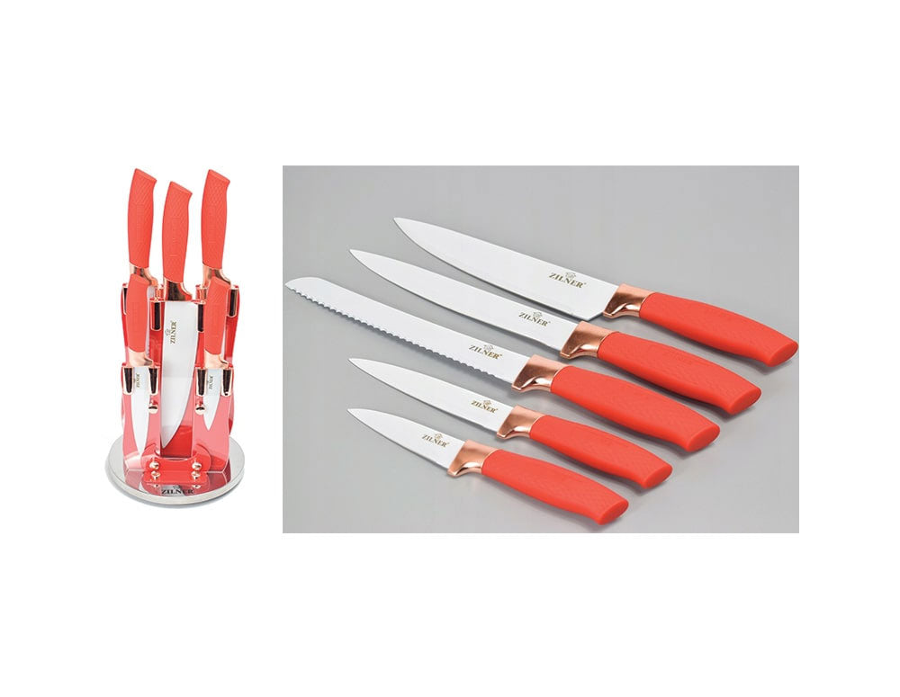Комплект ножове с поставка ZILNER ZL 5119, 6 части, Керамично покритие, Червен
