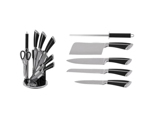 Комплект ножове с поставка ZILNER ZL 5120, 8 части, Точило, Ножици, Неръждаема стомана, Черен