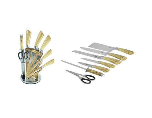 Комплект ножове с поставка ZILNER ZL 5122, 8 части, Точило, Ножици, Неръждаема стомана, Дървена дръжка