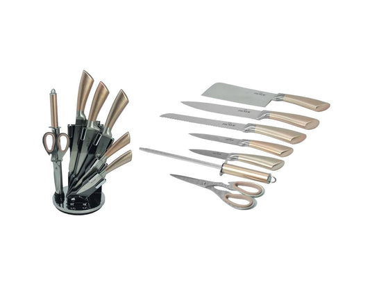 Комплект ножове с поставка ZILNER ZL 5125, 8 части, Точило, Ножици, Неръждаема стомана, Бежов