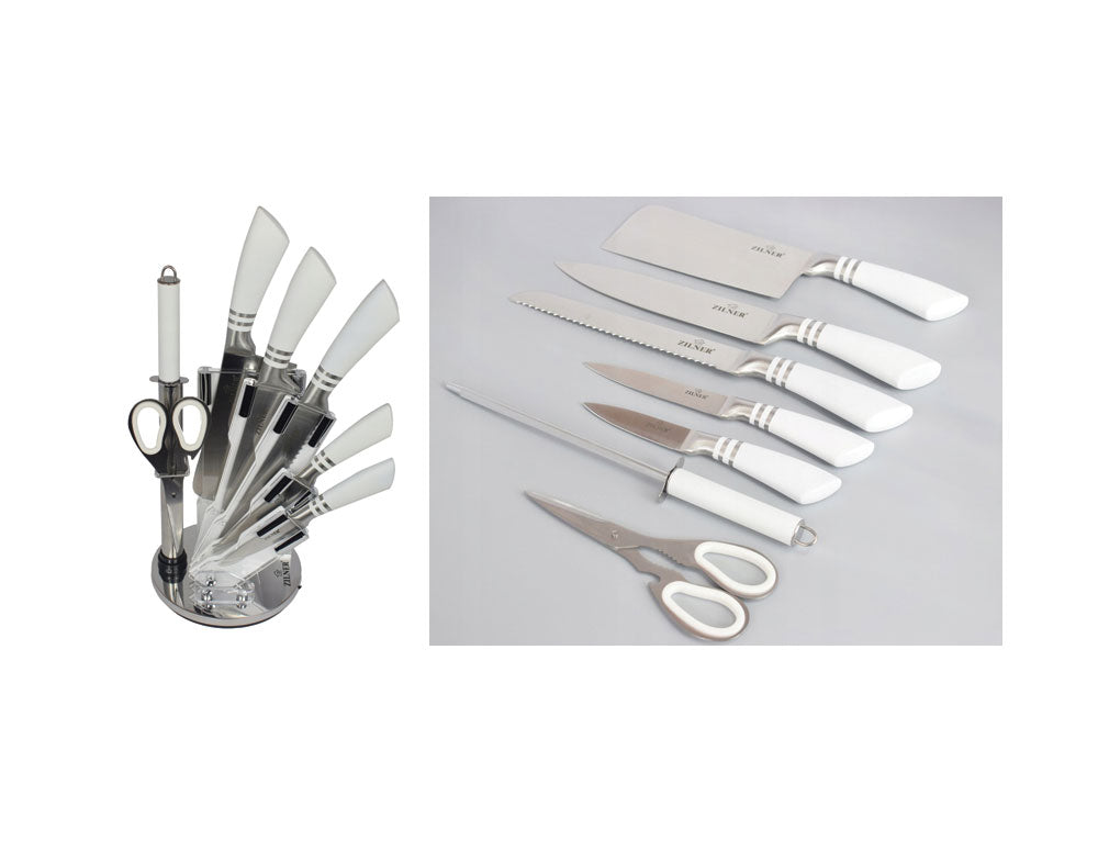 Комплект ножове с поставка ZILNER ZL 5128, 8 части, Точило, Ножици, Неръждаема стомана, Бял