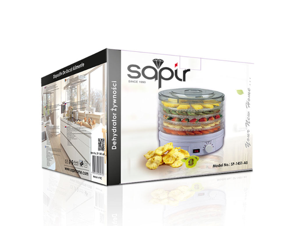 Сушилня за плодове и зеленчуци SAPIR SP 1451 A5, 250W, 35°C-70°C, 5 нива, Подходяща за гъби, месо и билки, Бял
