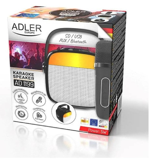 Караоке тонколона с микрофон Adler AD 1199, Безжична, 8ч автономия, USB-C, Bluetooth 5.1, Черен