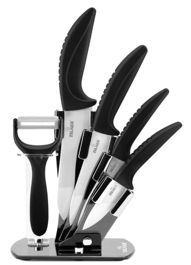 Комплект ножове с поставка ZILNER ZL 5124, 6 части, Белачка, Керамично покритие, Черен
