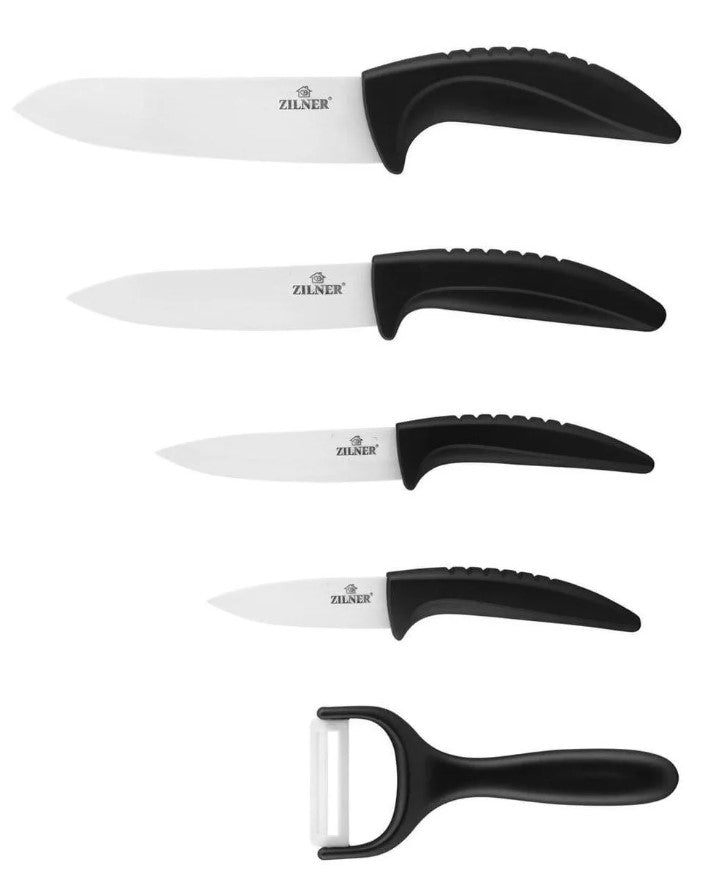 Комплект ножове с поставка ZILNER ZL 5124, 6 части, Белачка, Керамично покритие, Черен