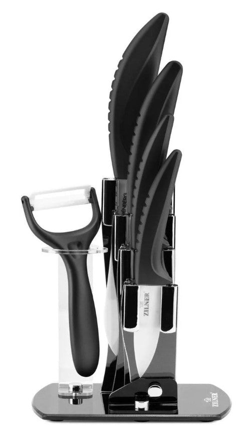 Комплект ножове с поставка ZILNER ZL 5124, 6 части, Белачка, Керамично покритие, Черен