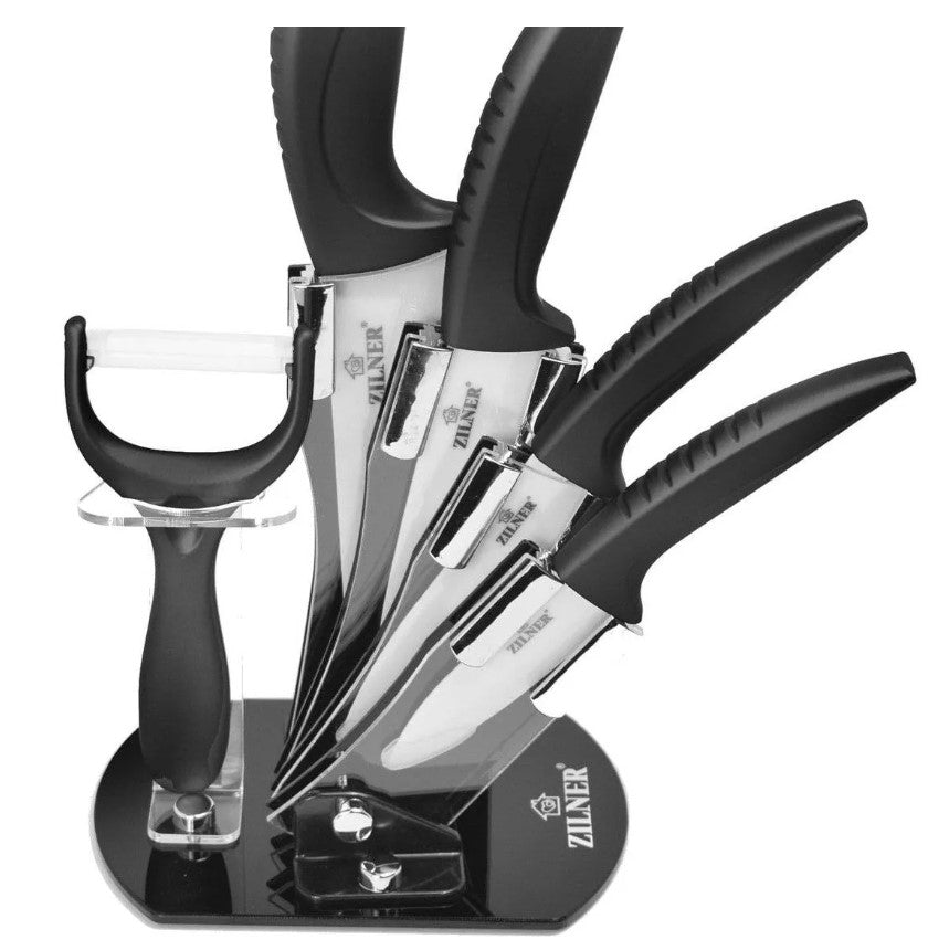 Комплект ножове с поставка ZILNER ZL 5124, 6 части, Белачка, Керамично покритие, Черен