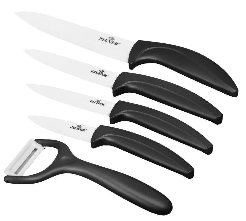 Комплект ножове с поставка ZILNER ZL 5124, 6 части, Белачка, Керамично покритие, Черен